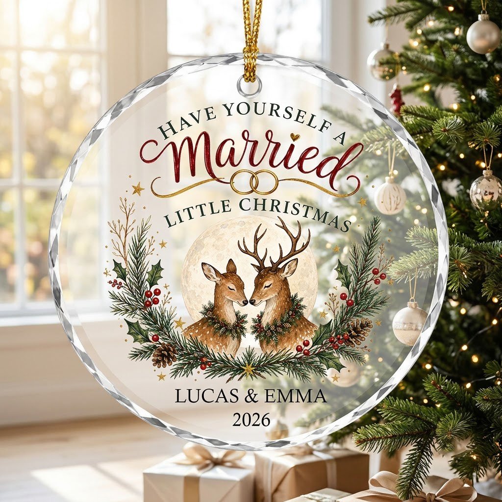 Personalized Have Yourself A Married Little Christmas Deer Round Glass Ornament
