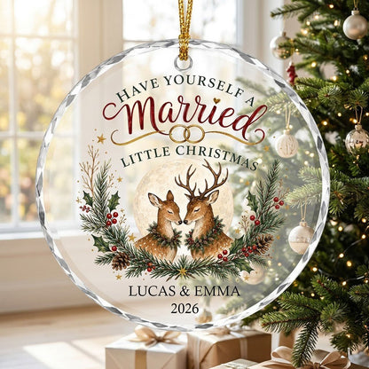 Personalized Have Yourself A Married Little Christmas Deer Round Glass Ornament
