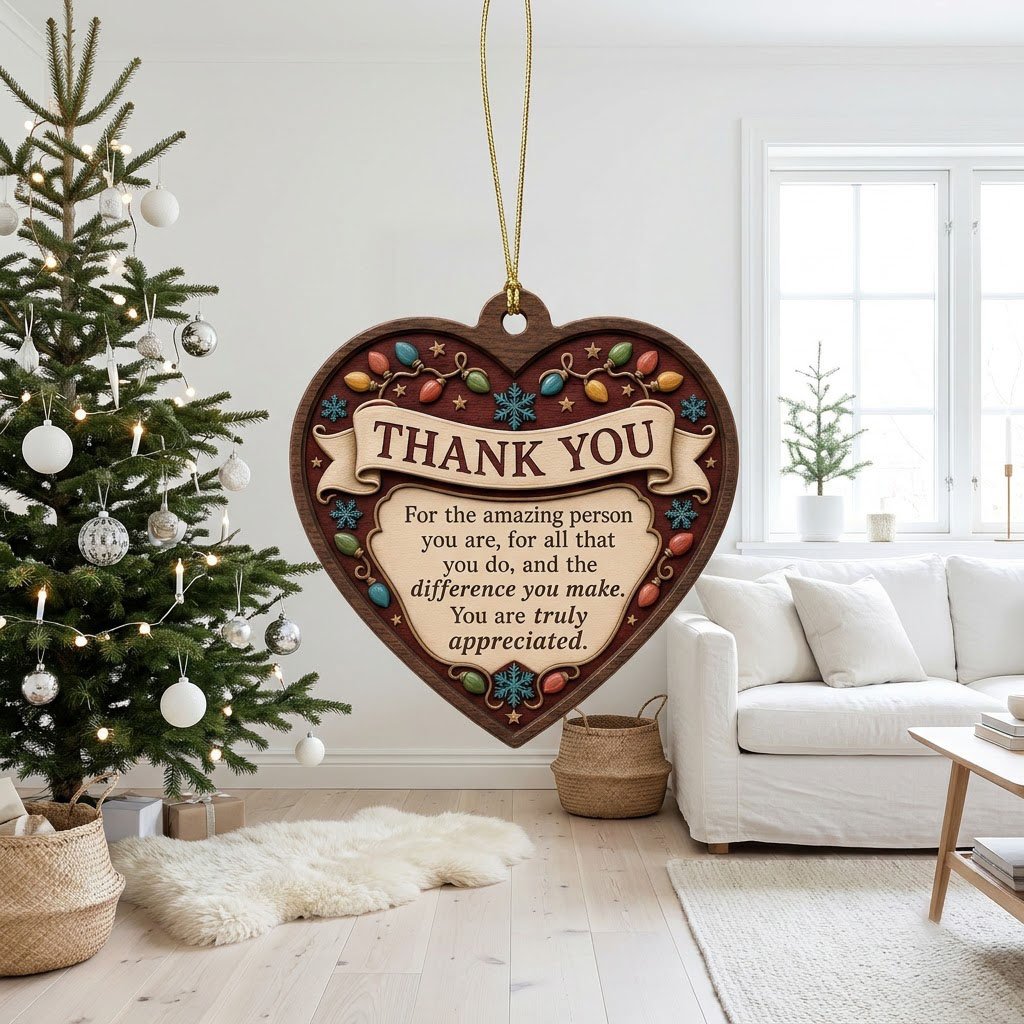 Heart-shaped wood ornament with THANK YOU message, string lights, snowflakes and stars on a burgundy background.