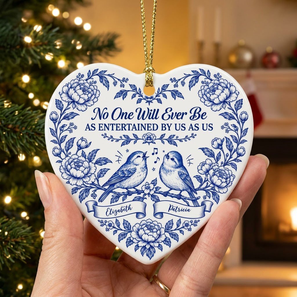 Heart ceramic ornament with Delft blue peonies, two birds on a branch, and a friendship quote in cobalt blue.
