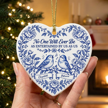 Heart ceramic ornament with Delft blue peonies, two birds on a branch, and a friendship quote in cobalt blue.
