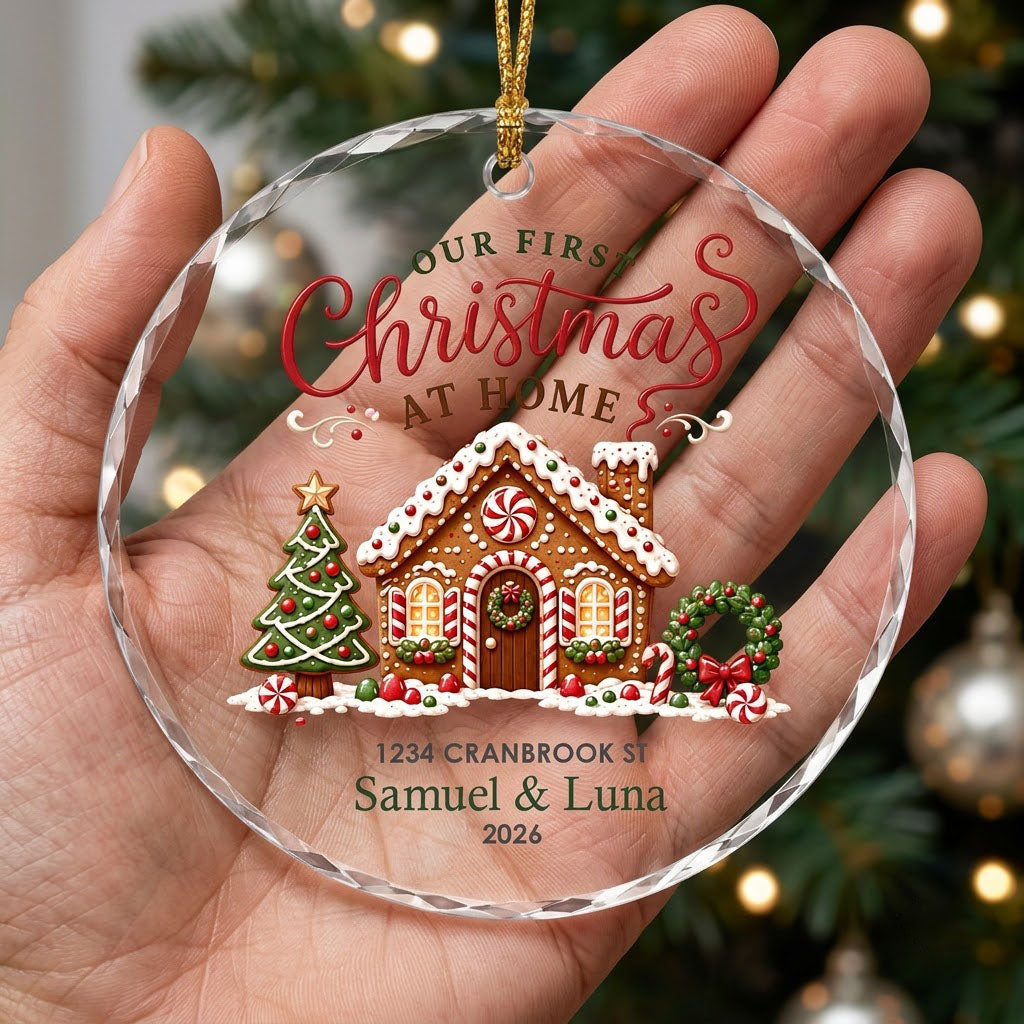 Personalized Our First Christmas at Home Gingerbread Cottage Round Glass Ornament