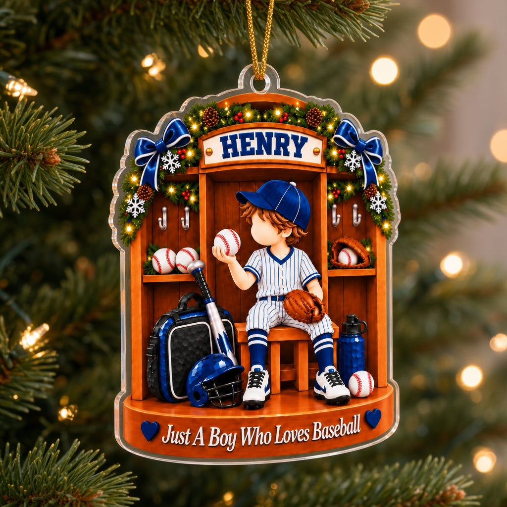 Custom acrylic ornament of a boy in a baseball locker with garland and snowflakes, personalized with his name.