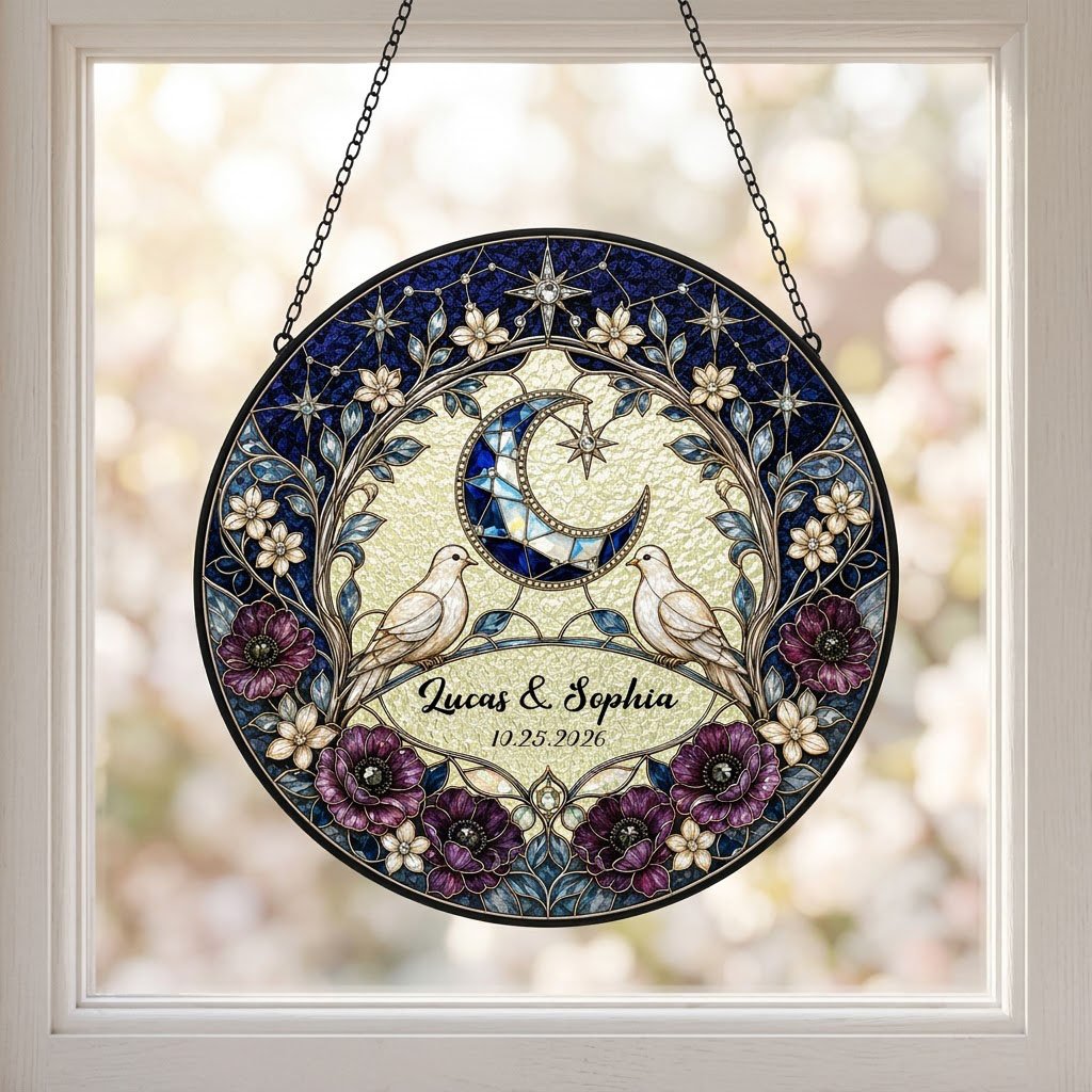 Personalized Celestial Doves & Crescent Moon Purple Floral Stained Glass Round Suncatcher