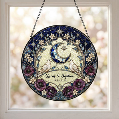 Personalized Celestial Doves & Crescent Moon Purple Floral Stained Glass Round Suncatcher
