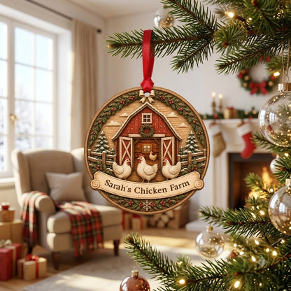 Personalized Round Red Barn Chicken Coop Wood Ornament, Custom Farmhouse Keepsake