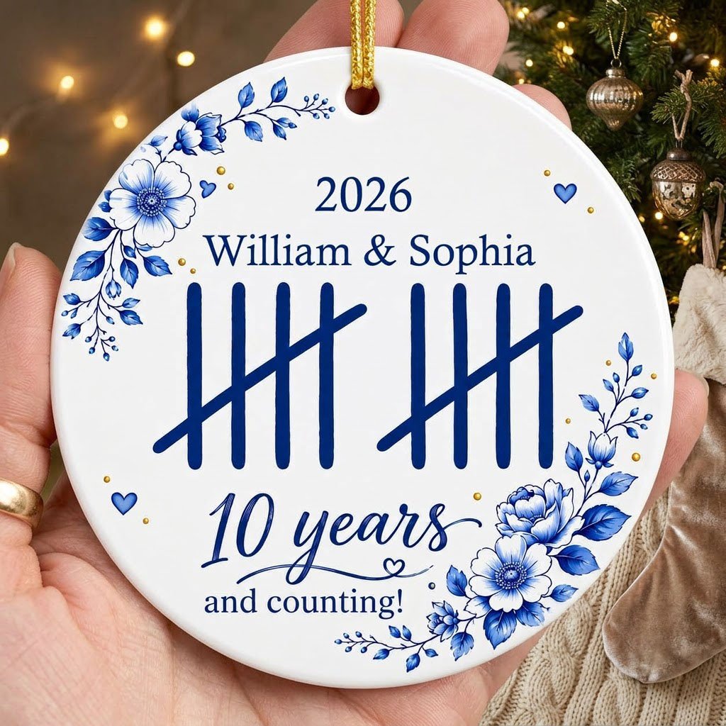 White round ceramic ornament with blue florals, tally marks, and 'years and counting!' plus names and year