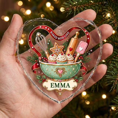 Heart stained glass suncatcher with mint mixing bowl, cupcakes, red ribbon, holly, and gold plaque BAKED WITH LOVE.