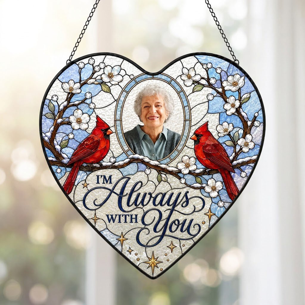 Heart suncatcher with two red cardinals on snowy branches, round photo window, and the words I'M Always WITH You.