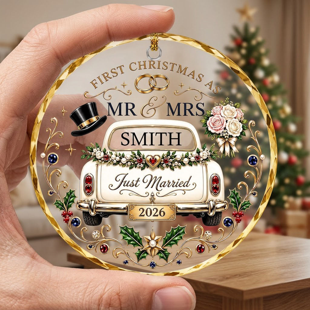 Personalized First Christmas as Mr & Mrs Vintage Getaway Car Round Glass Ornament