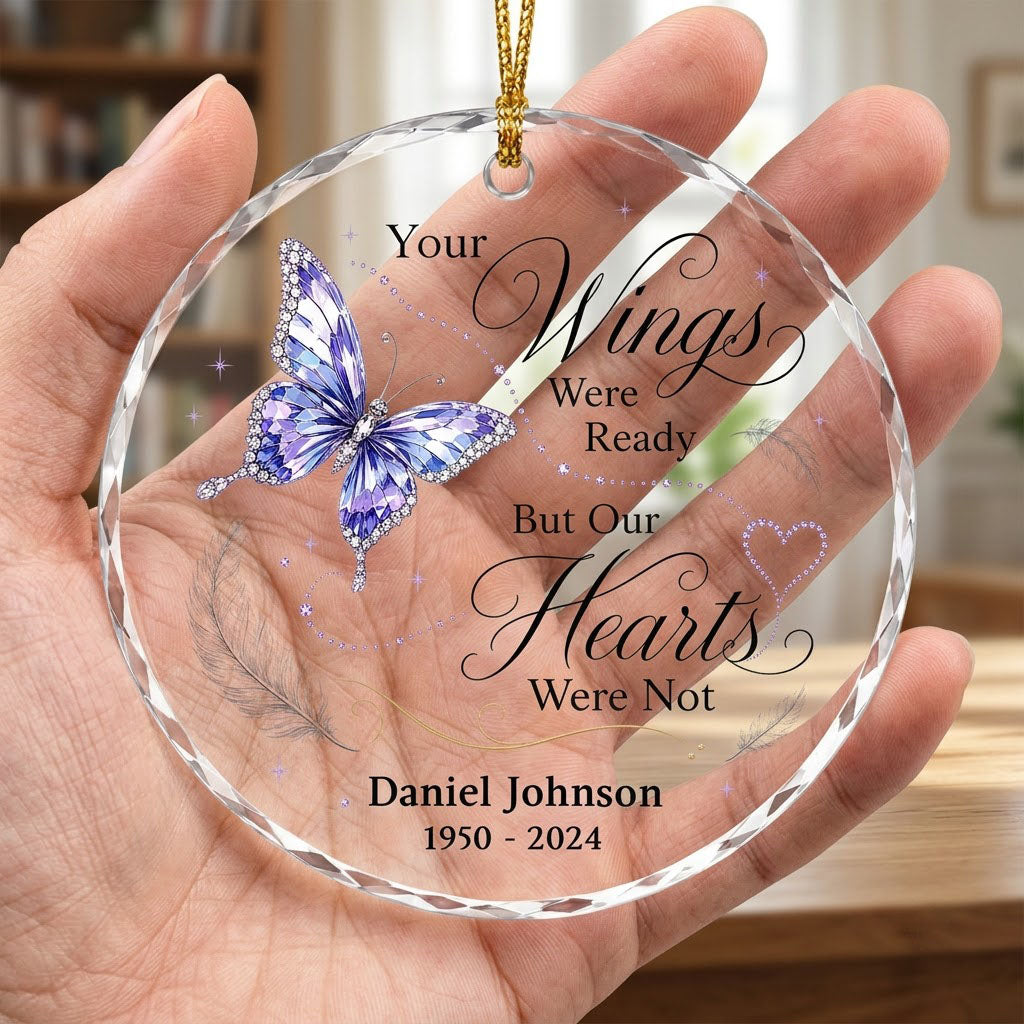 Personalized Butterfly Memorial Your Wings Were Ready Crystal Heart Glass Ornament