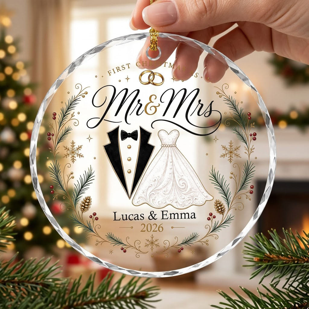 Personalized First Christmas as Mr & Mrs Tuxedo Gown Round Glass Ornament