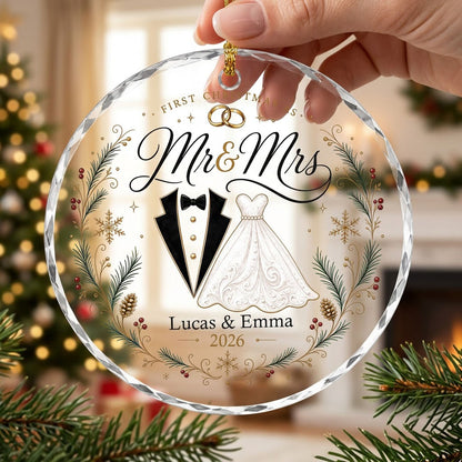 Personalized First Christmas as Mr & Mrs Tuxedo Gown Round Glass Ornament