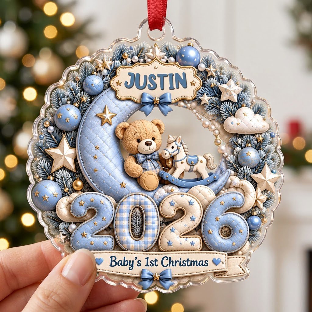 Blue wreath acrylic ornament with Baby's 1st Christmas, teddy bear, rocking horse, personalized name and 2026.