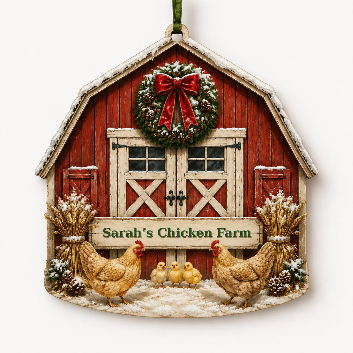 Personalized Red Barn Chicken Coop Wood Ornament, Custom Farmhouse Keepsake