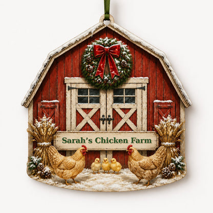 Personalized Red Barn Chicken Coop Wood Ornament, Custom Farmhouse Keepsake