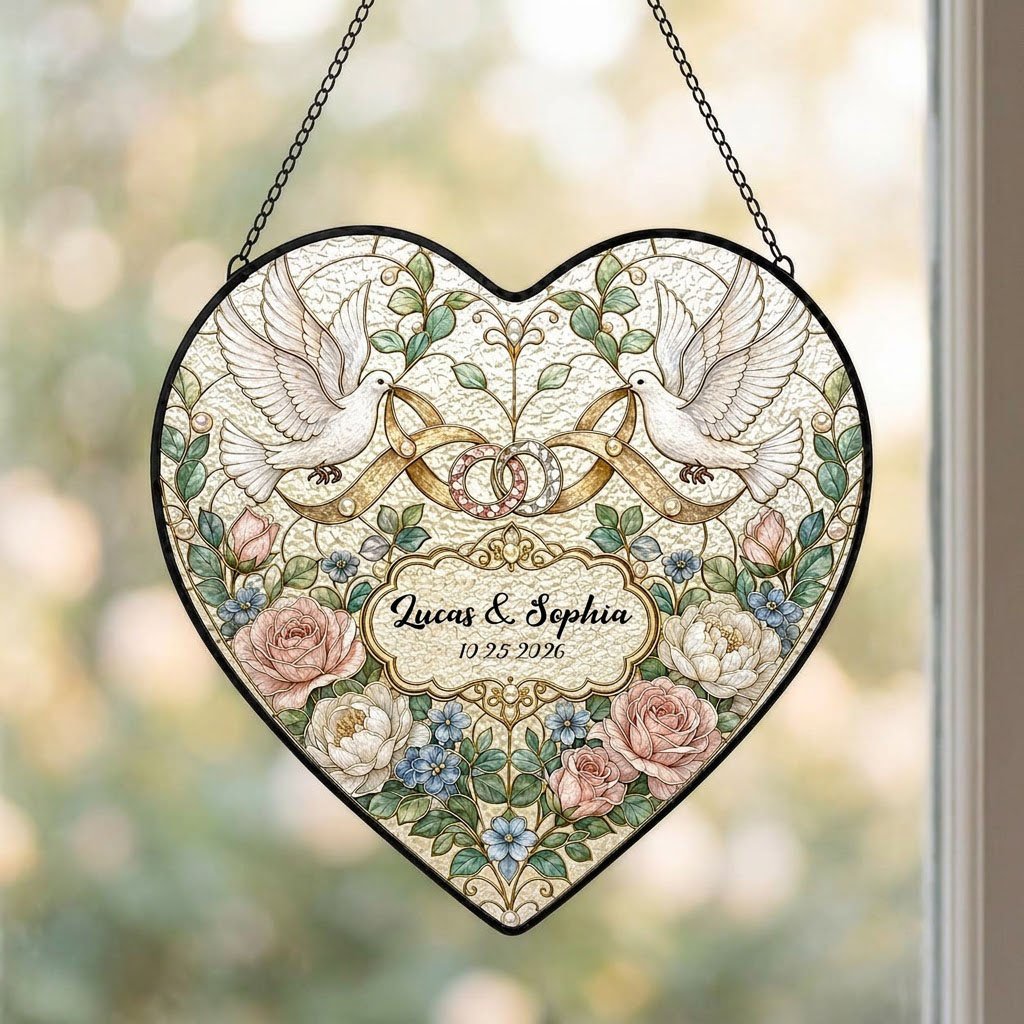 Personalized Wedding Doves & Intertwined Rings Floral Heart Stained Glass Suncatcher