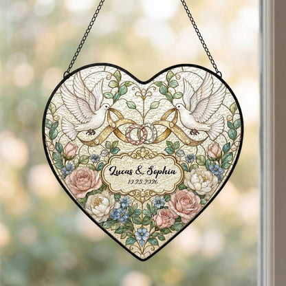 Personalized Wedding Doves & Intertwined Rings Floral Heart Stained Glass Suncatcher