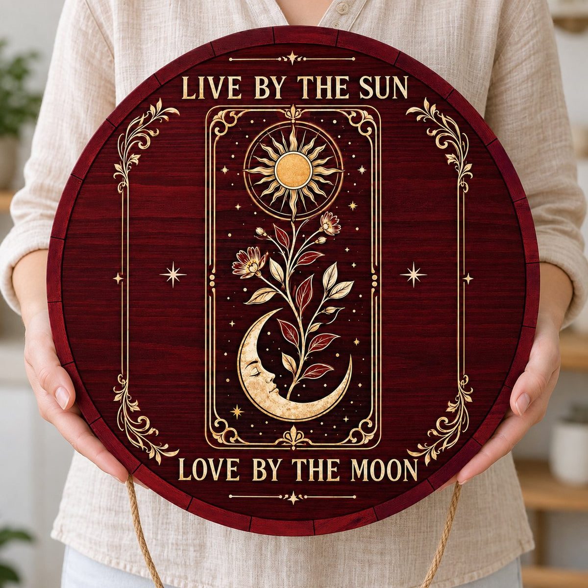 Round wooden sign with tarot-style sun and sleeping moon, floral vine, stars, and the words Live by the Sun, Love by the