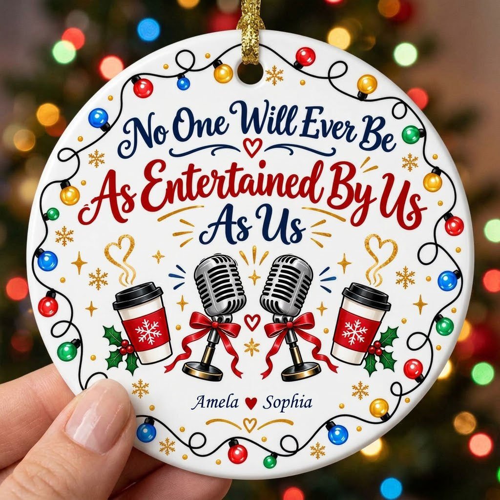 Round ceramic ornament with lights border, two microphones with red bows, and two coffee cups with heart steam.
