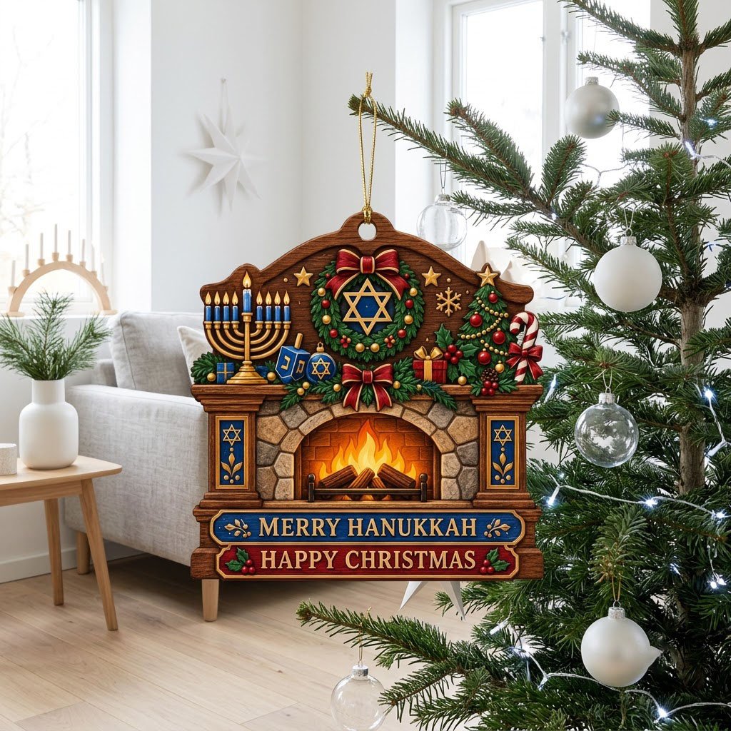 Wood ornament shaped like a fireplace mantel with a menorah, dreidel, wreath, and the words MERRY HANUKKAH and HAPPY CHR