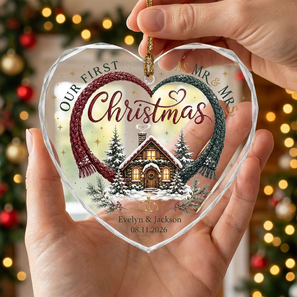 Personalized Our First Christmas as Mr & Mrs Winter Cabin Heart Glass Ornament