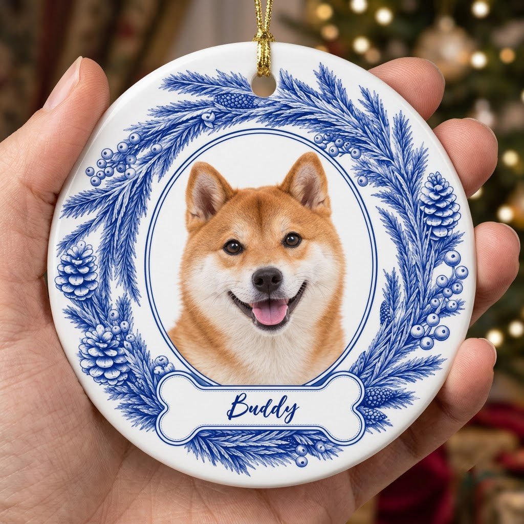 Round ceramic ornament with blue pine wreath, oval dog photo frame, and a blue-outlined bone at the bottom.