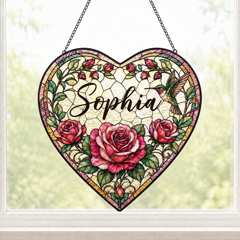 Heart stained-glass suncatcher with pink and red roses, a right-side hummingbird, and a multi-colored border.