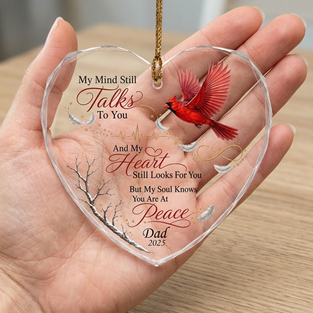 Personalized Flying Cardinal Memorial My Mind Still Talks To You Heart Glass Ornament