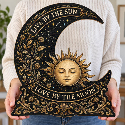 Crescent moon and sleeping sun wooden sign with gold constellations and words Live by the Sun, Love by the Moon.