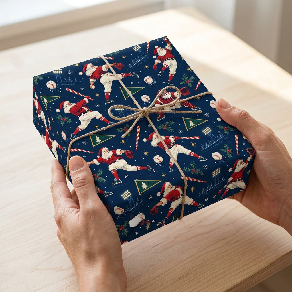 Navy wrapping paper with baseball Santas, candy cane bats, baseballs, pennants, stars and pine sprigs.