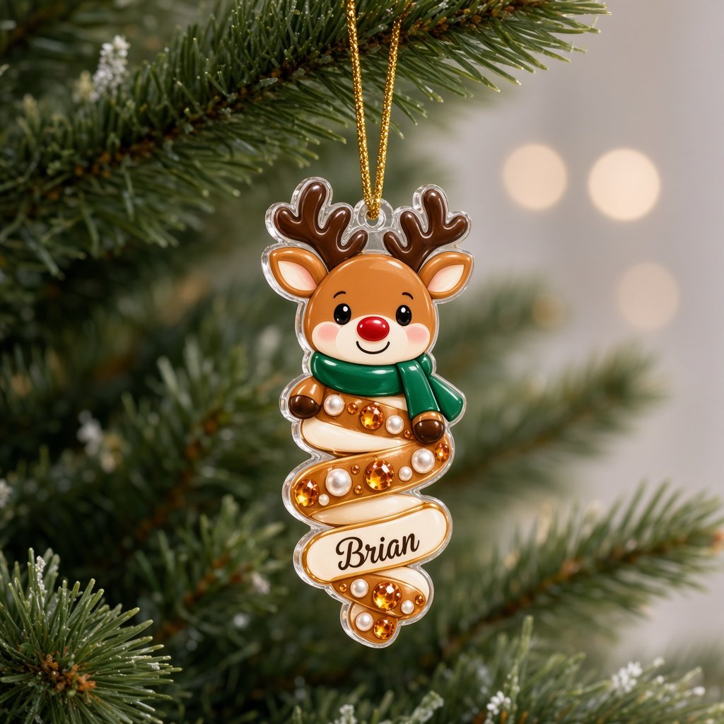 Custom-cut acrylic ornament with polar bear or Mrs. Claus atop a jeweled spiral ribbon and a name scroll banner.