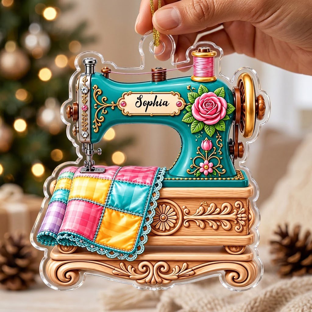 Custom-cut acrylic ornament of a teal vintage sewing machine with a rose and quilt block, personalized with a name.