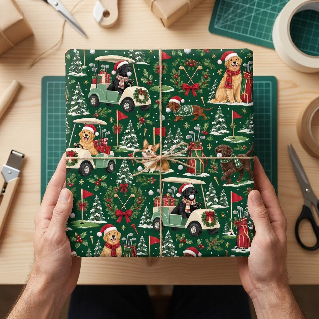Dark green wrapping paper with dogs in Santa hats, golf carts with wreaths, flags, clubs, snowy trees and golf balls.