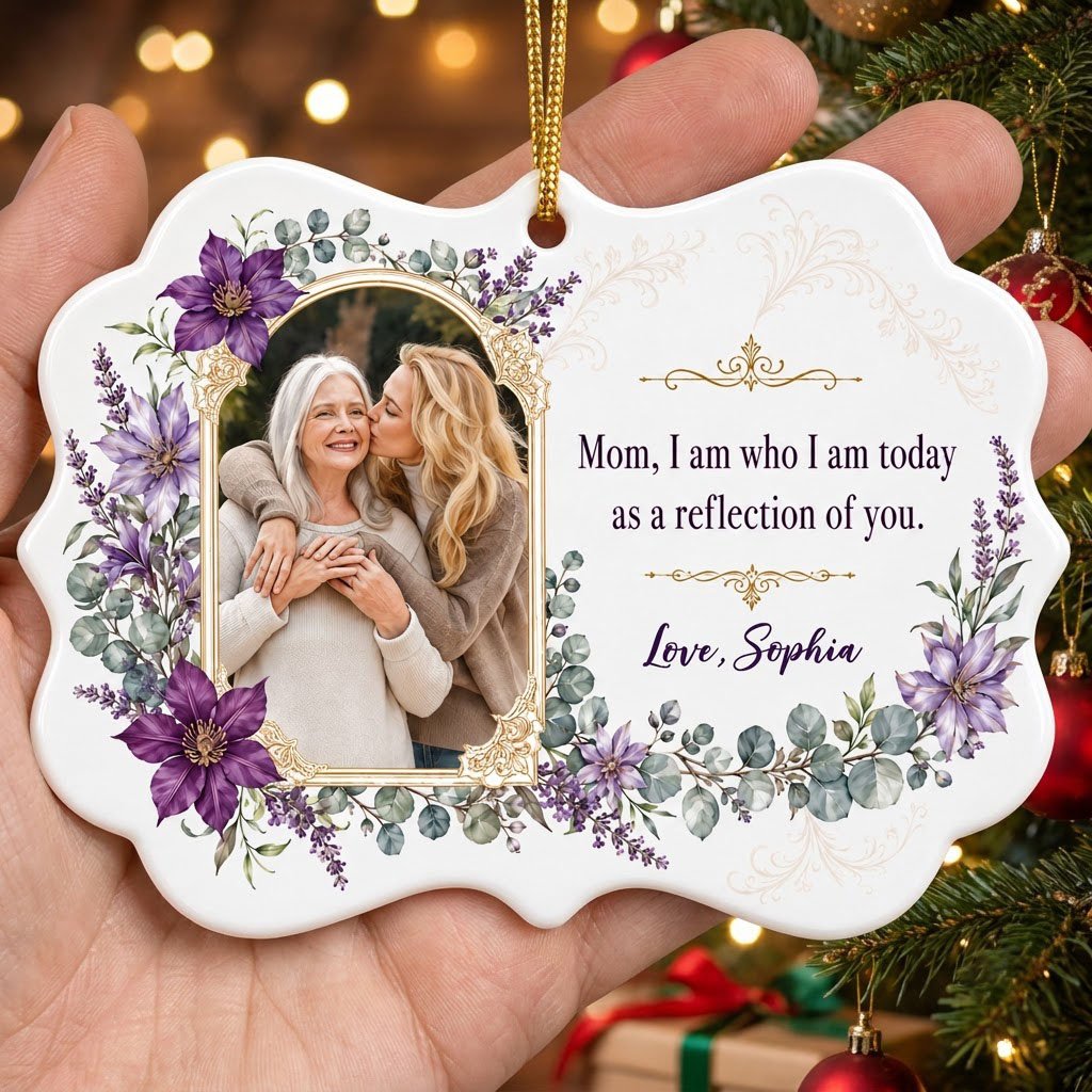 Gold frame photo with purple clematis and the quote 'Mom, I am who I am today as a reflection of you.'