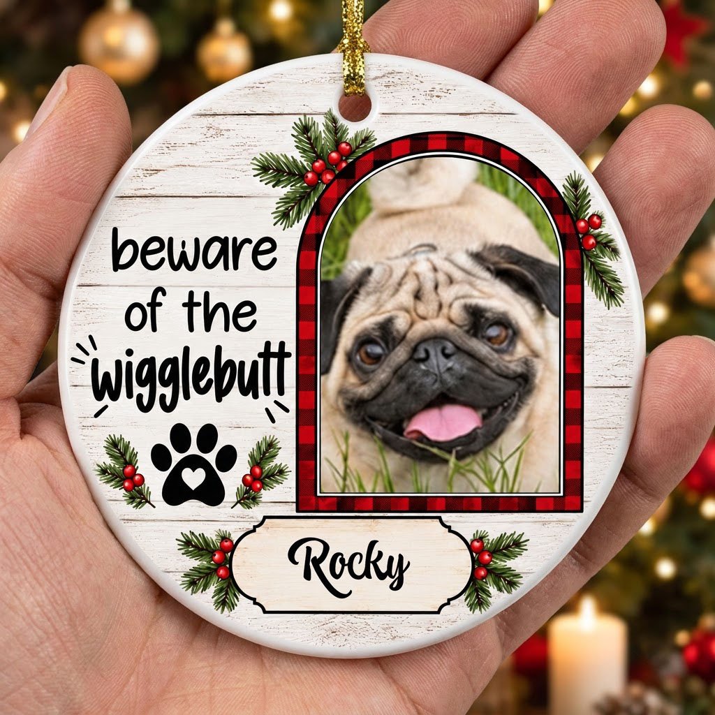 Round ceramic ornament with buffalo plaid photo frame, paw-heart, pine sprigs, and 'beware of the Wigglebutt'.