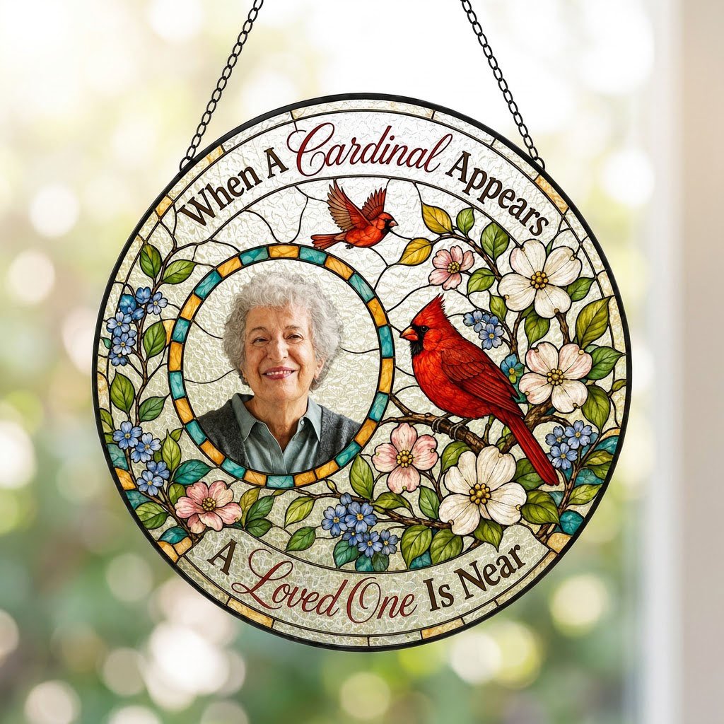 Round faux stained-glass suncatcher with two red cardinals, dogwood flowers, and a left-side circular photo frame.