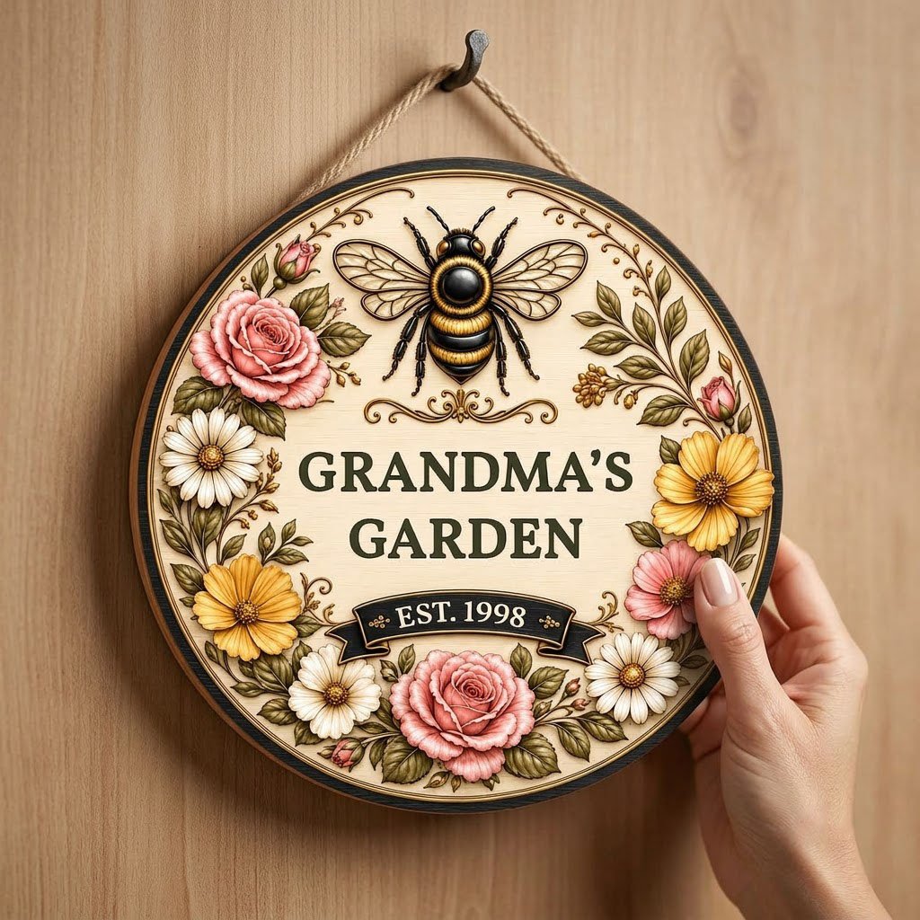 Round wooden sign with 'GRANDMA'S GARDEN', a gold-and-black bee, floral wreath, and EST. year on a light wood background