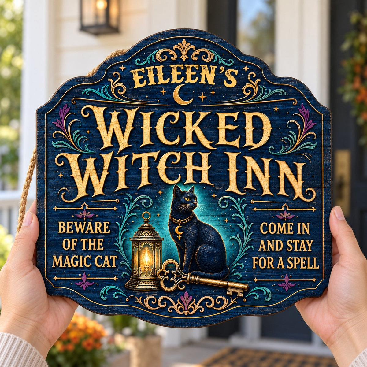 Custom-cut wooden sign with black cat, glowing lantern, golden key, crescent moons, stars, and Wicked Witch Inn text