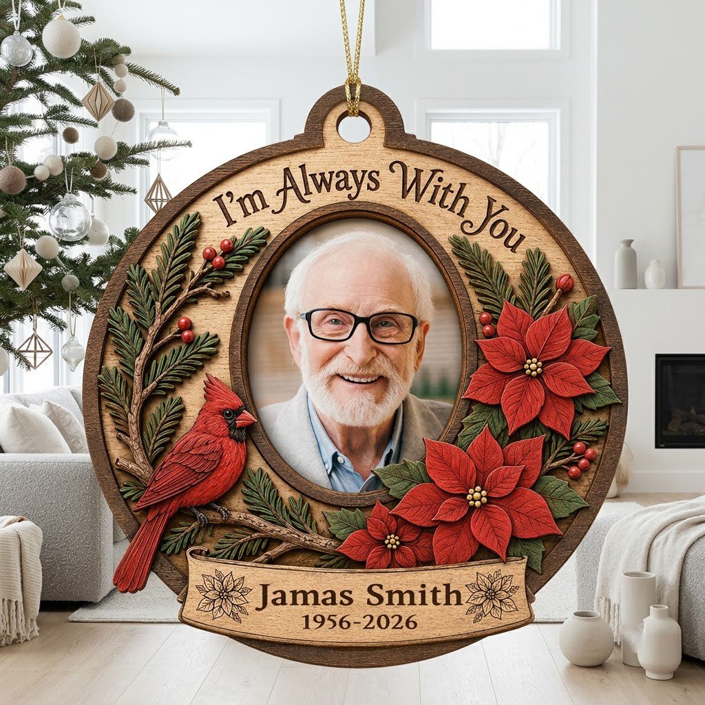 Bauble-shaped wood ornament with oval photo frame, red cardinal, pine, berries, and poinsettias with ribbon banner