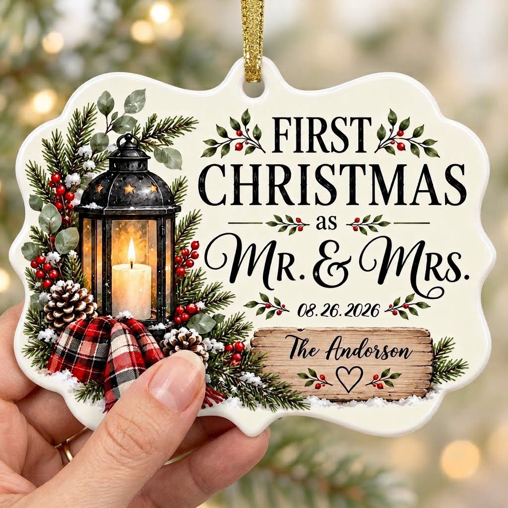 Medallion ceramic ornament with black lantern, pine, red berries, plaid scarf, and 'FIRST CHRISTMAS as MR. & MRS.' text.