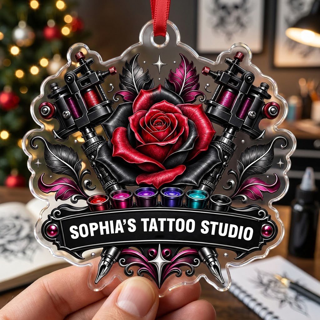 Clear acrylic ornament with red and black rose, crossed tattoo machines, caps, and SOPHIA'S TATTOO STUDIO text.