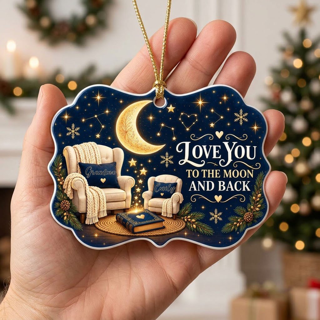 Medallion ceramic ornament with golden moon, stars, two chairs, and 'LOVE YOU TO THE MOON AND BACK' text.