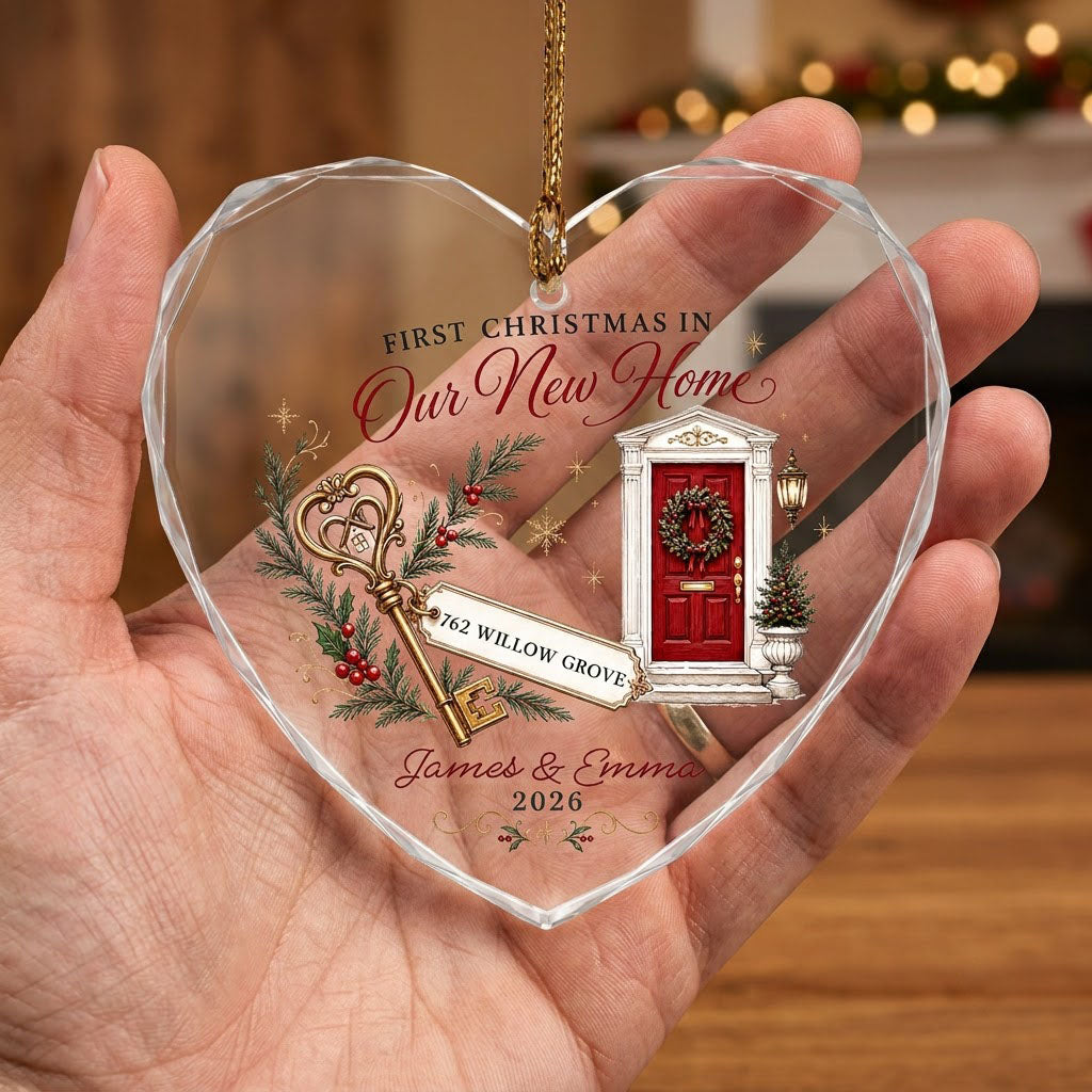 Personalized First Christmas in Our New Home Key Front Door Heart Glass Ornament