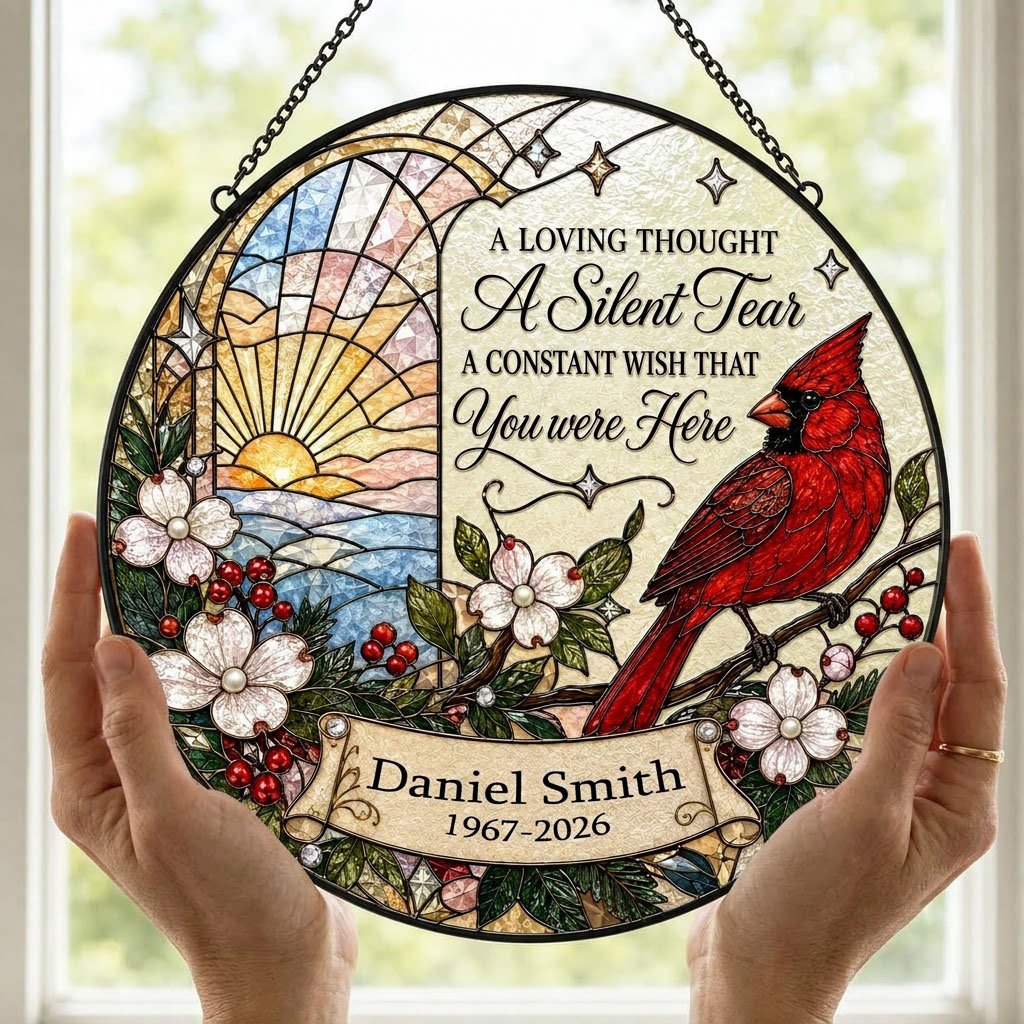 Personalized Red Cardinal Ocean Sunrise A Silent Tear Memorial Stained Glass Round Suncatcher