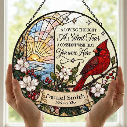 Personalized Red Cardinal Ocean Sunrise A Silent Tear Memorial Stained Glass Round Suncatcher