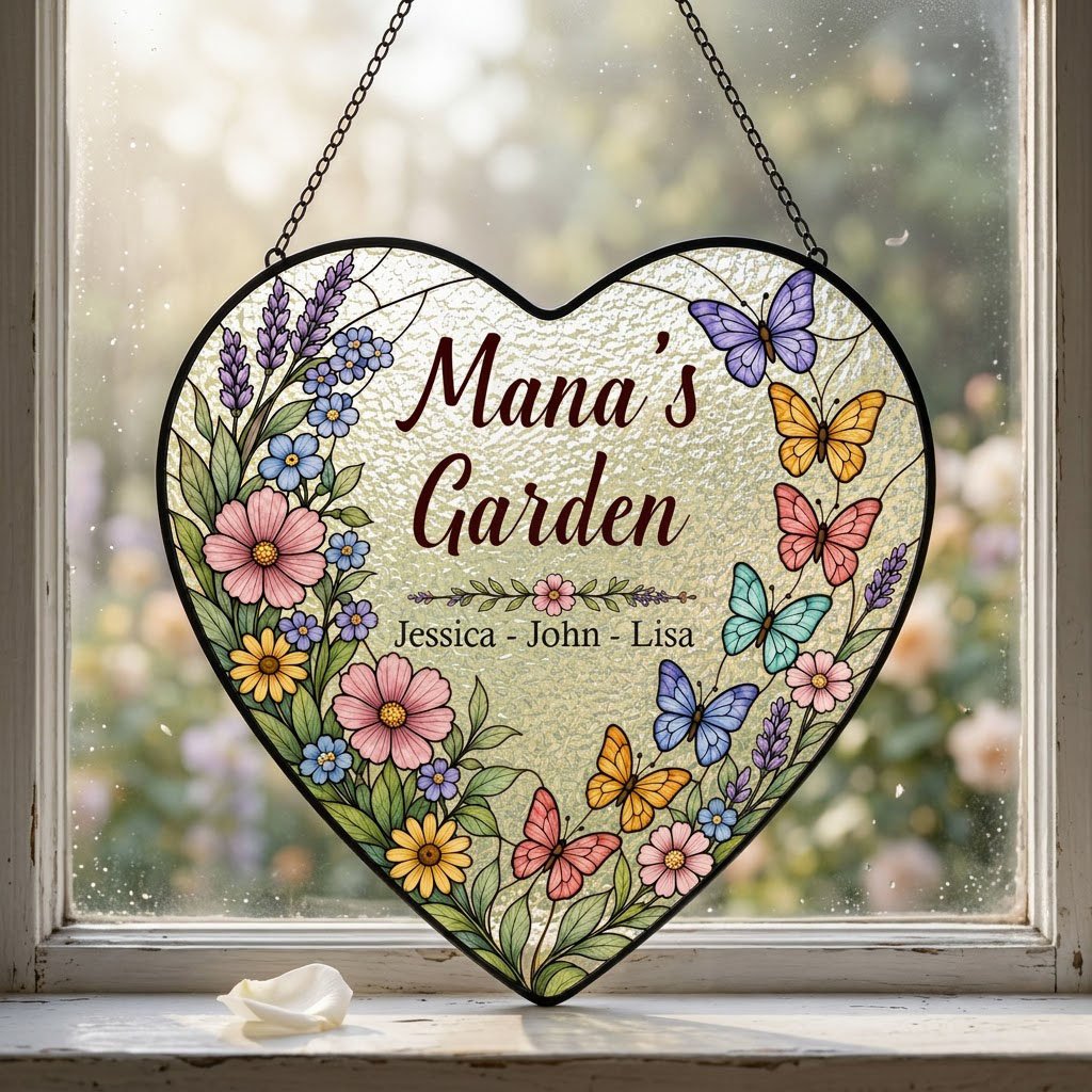 Heart stained-glass suncatcher with floral border, colorful butterflies, and 'Mana's Garden' with kids' names.