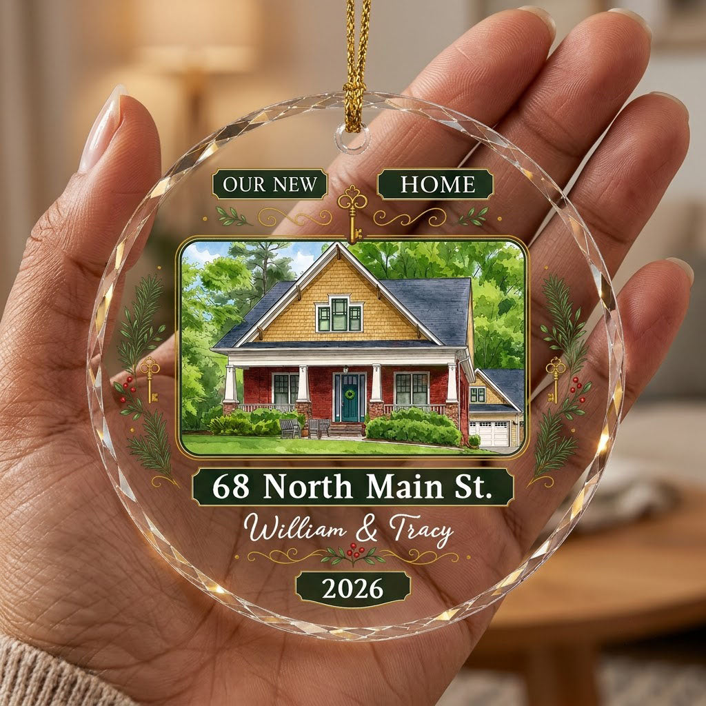 Round glass ornament with watercolor house, green and gold banners, gold key, pine branches, and address and year plaque