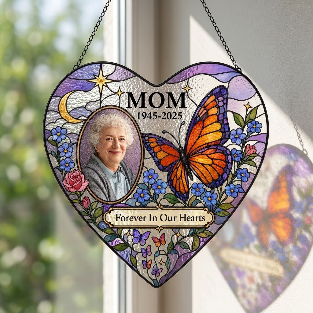 Heart suncatcher with photo oval, Forever In Our Hearts text, butterfly, moon, roses and forget-me-nots.