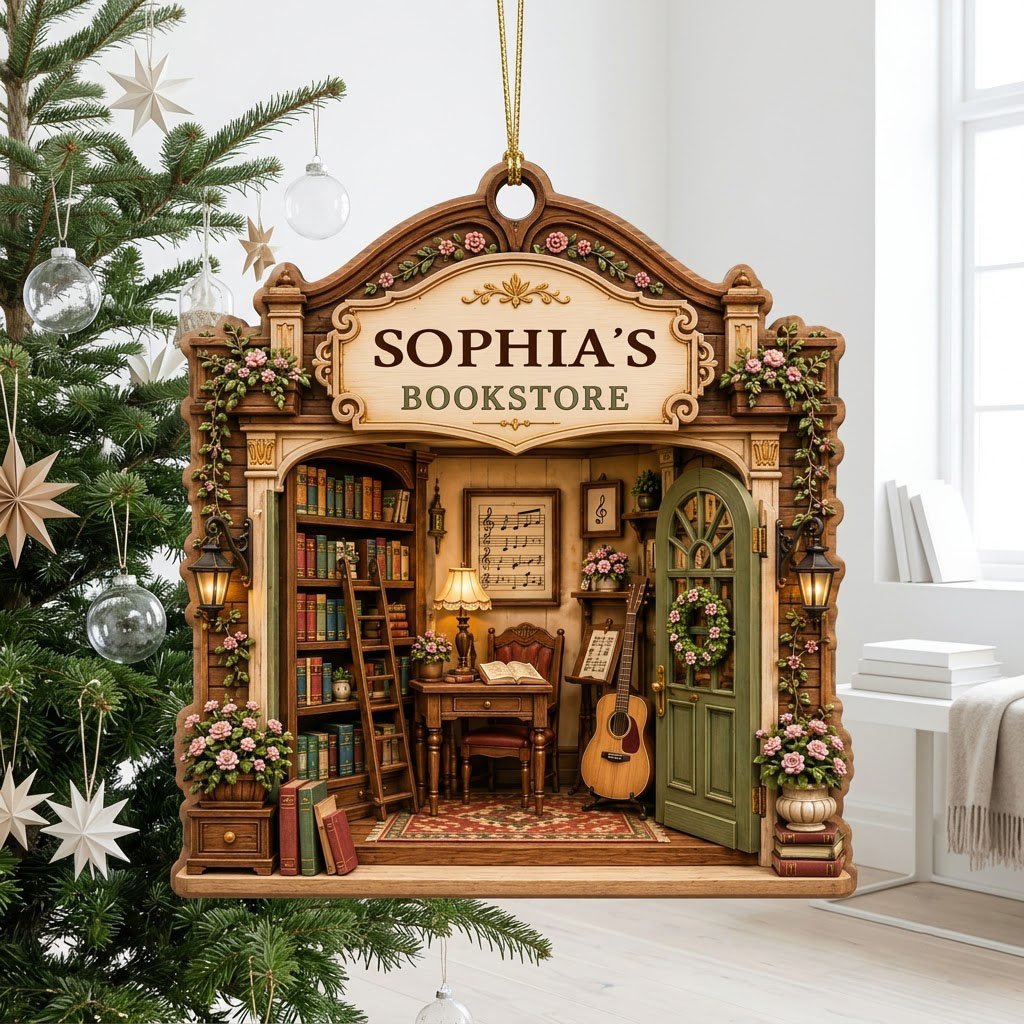 Arched storefront wood ornament with a cozy bookstore diorama and "BOOKSTORE" text, personalized with a name.